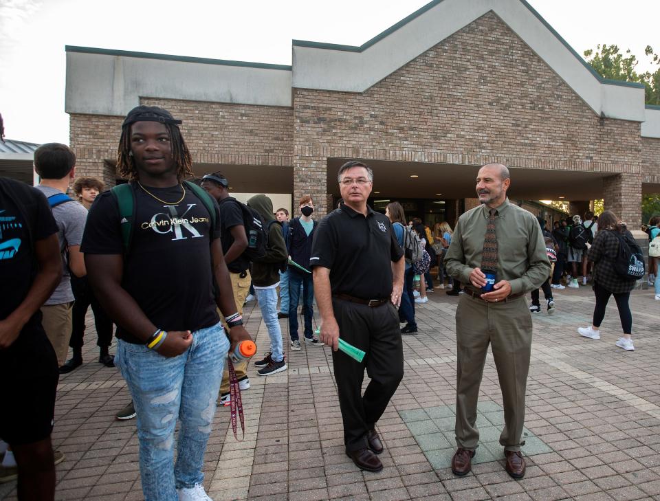 Superintendent Rocky Hanna greets students at Lincoln High School ahead of the start of the first day of school on Wednesday, Aug. 10, 2022 in Tallahassee, Fla. 