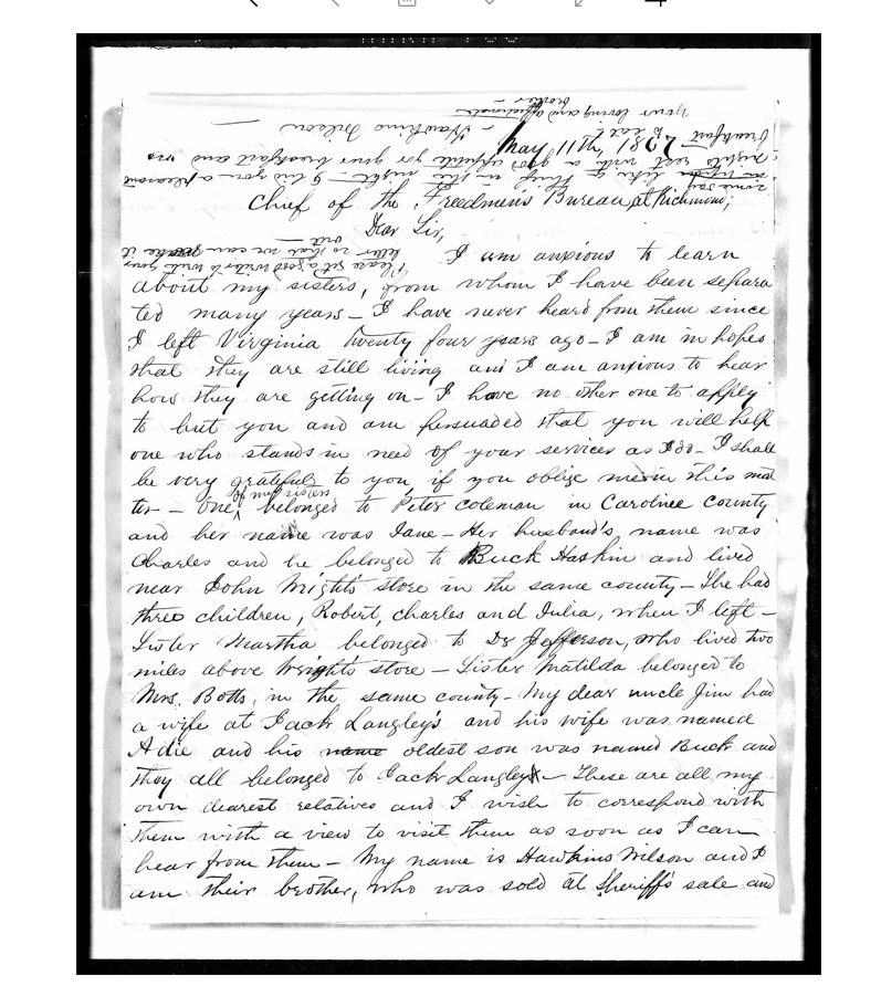 Hawkins Wilson's May 11, 1867, letter to the Freedmen's Bureau from Galveston, Texas.