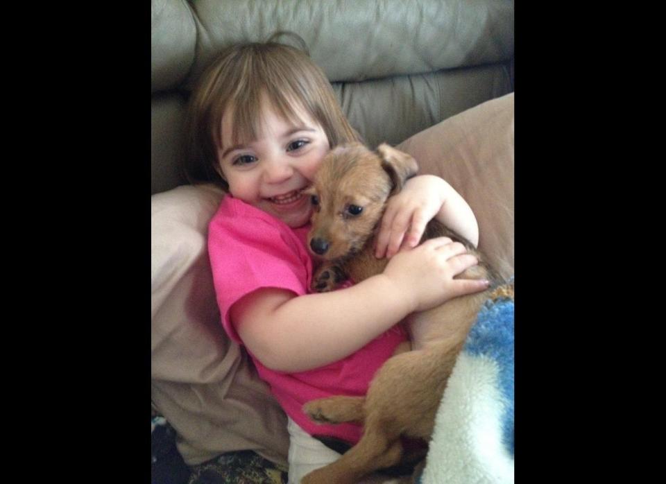 A young girl hugs her new puppy who appears content in the warm embrace.    (<a href="http://imgur.com/er0tZ" target="_hplink">Image via Imgur</a>)