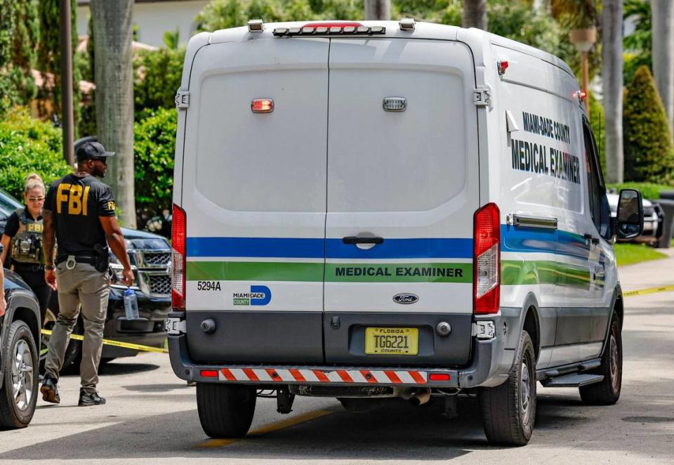 The Miami-Dade Medical Examiner’s office arrives where developer Sergio Pino lives in Coral Gables, Florida, on Tuesday, July 16, 2024.