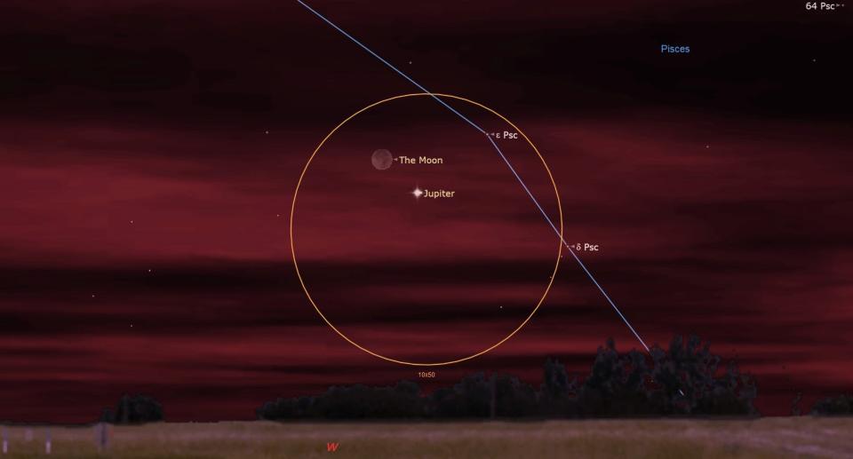 An illustration of the night sky on March 22 showing Jupiter beside a sliver of the moon.