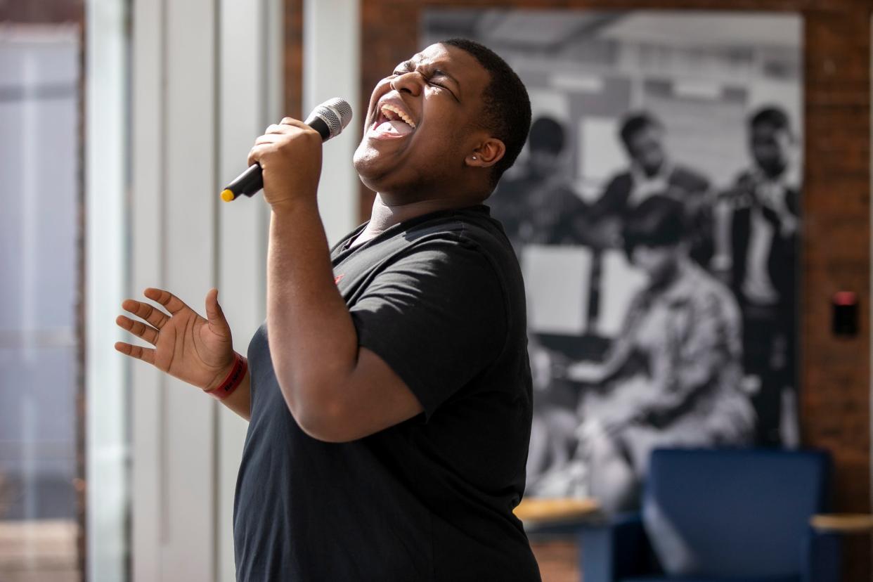 Kodie Chandler, 16, of Detroit rehearses performing "Superstition" by Stevie Wonder at Hitsville Next for the Motown Museum's 2024 "Amplify: The Sound of Detroit" singing contest on Wednesday, March 13, 2024. Chandler is a student at the Detroit School of Arts.