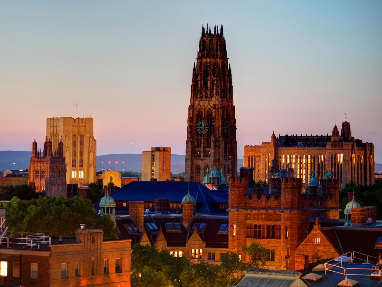 Evening view of the Harkness Memorial Tower and the Collegiate Gothic Memorial Quadrangle complex at Yale University