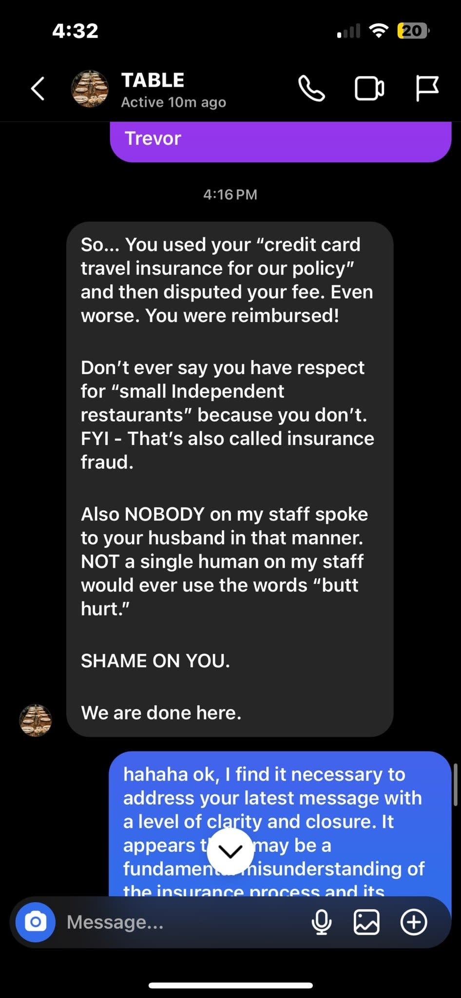 a message from Jen to Trevor claiming that he disputed the reservation fee and never spoke to staff