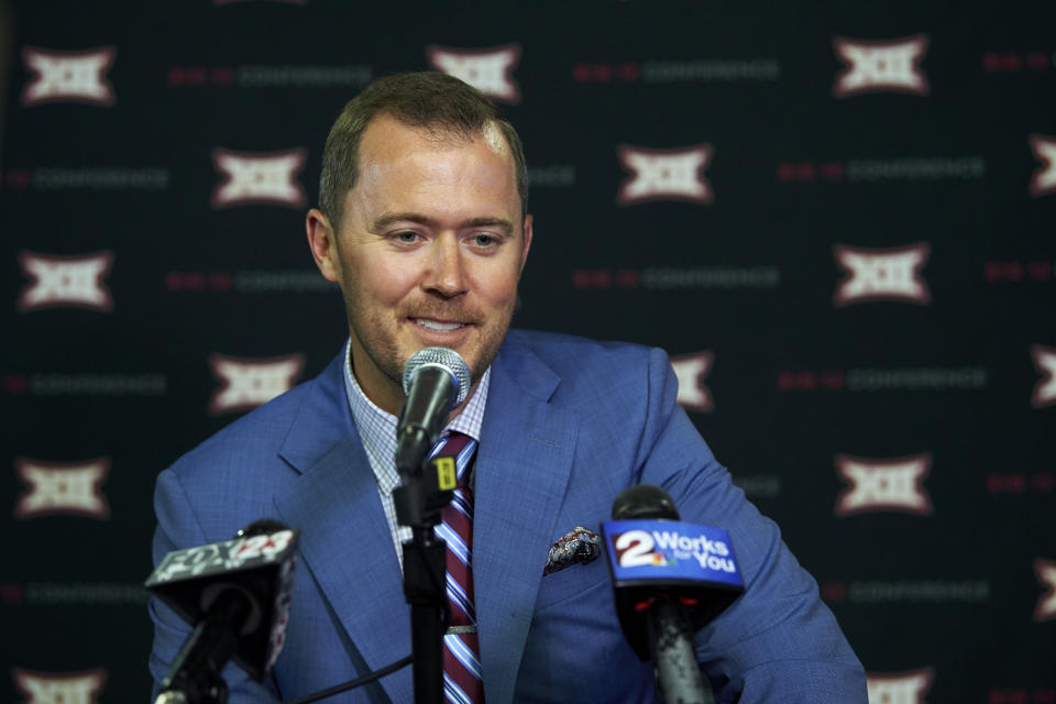 Oklahoma football head coach Lincoln Riley speaks during NCAA college football Big 12 media days in Frisco, Texas, Monday, July 16, 2018. (AP)