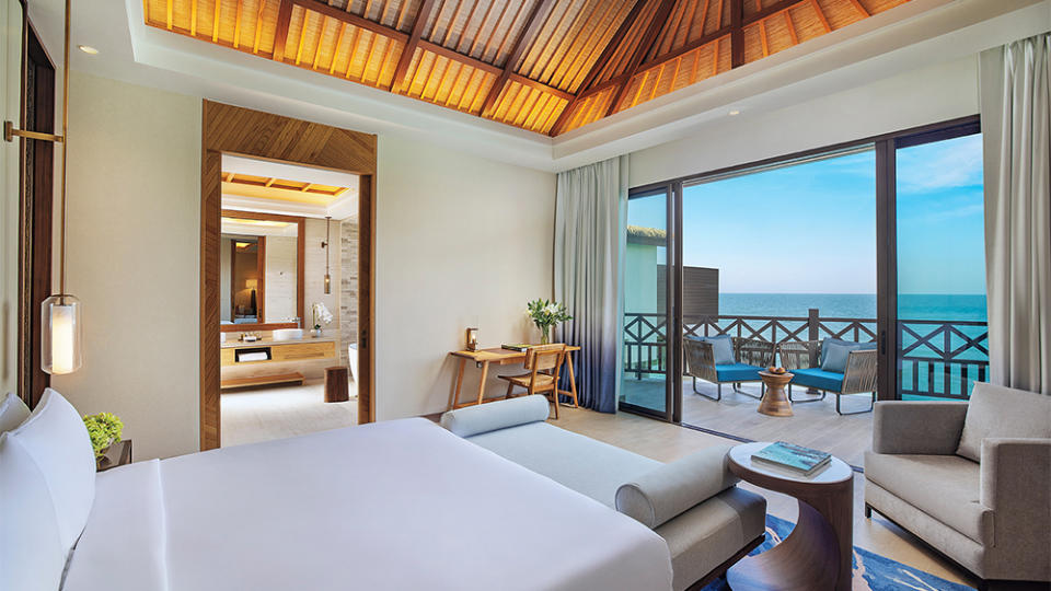 Sea views from a villa bedroom at the Anantara Mina Al Arab Ras Al Khaimah Resort.