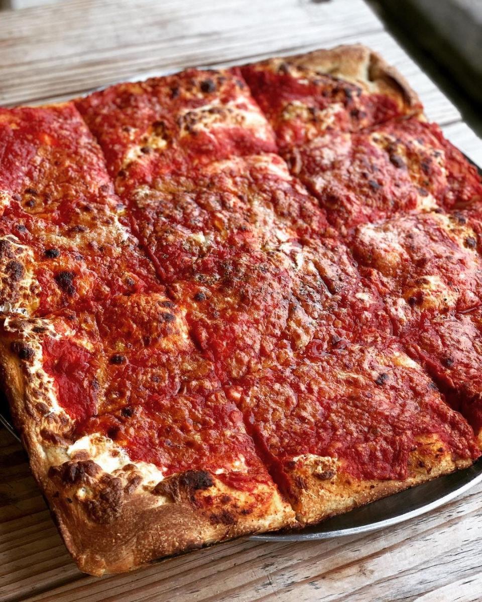 The upside down square pizza at Brooklyn Square Pizza in Jackson, Toms River and Manalapan is made with fresh mozzarella, housemade tomato sauce and Pecorino Romano cheese.