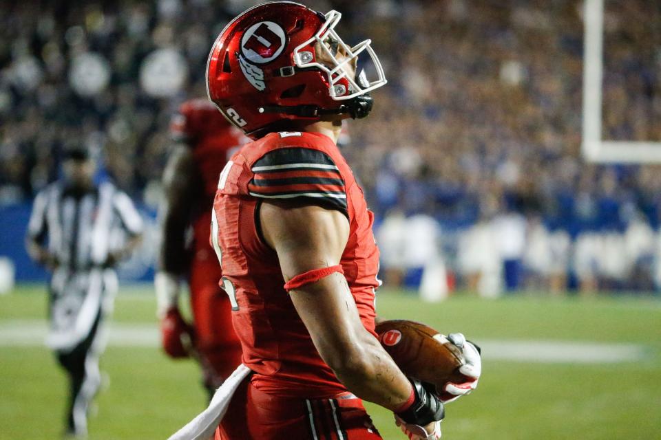 Utah running back Micah Bernard celebrates a touchdown during game against BYU at LaVell Edwards Stadium in Provo on Saturday, Sept. 11, 2021. The touchdown was his first as a Ute. | Shafkat Anowar, Deseret News