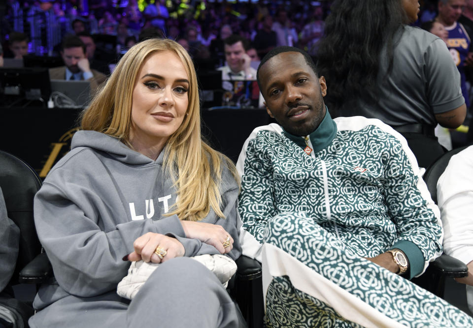 Adele and Rich Paul attend the basketball game between Los Angeles Lakers and Memphis Grizzlies Round 1 Game 6 of the 2023 NBA Playoffs against Los Angeles Lakers at Crypto.com Arena on April 28, 2023 in Los Angeles, California. - Credit: Getty Images