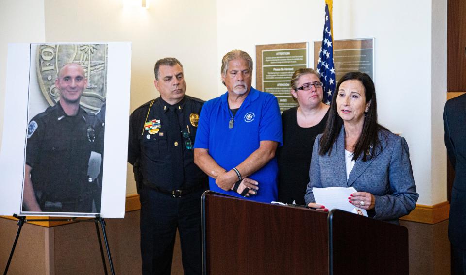 State Attorney Amira Fox speaks to the media after the sentencing for Wisner Desmaret on Monday, June 5, 2023. Desmaret was convicted in the murder of Fort Myers Police Officer, Adam Jobbers-Miller.  He was sentenced to life in prison.  