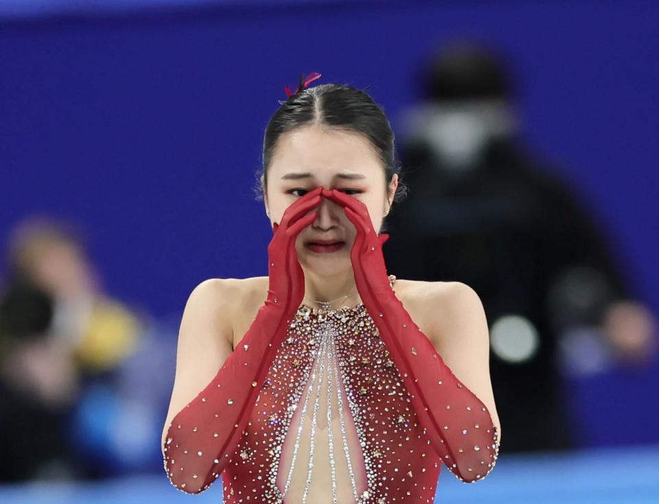 Zhu Yi of China reacts during the figure skating team event women's single skating free skating match at Capital Indoor Stadium in Beijing, capital of China, Feb. 7, 2022. (Photo by Lan Hongguang/Xinhua via Getty Images)
