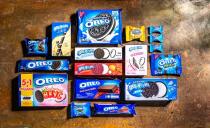 Oreo Zero Sugar Cookies, packaged in white boxes, are seen among a range of Oreo products