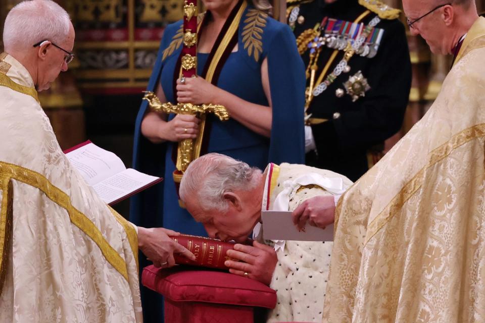 london, england may 06 king charles iii attends his coronation at westminster abbey on may 6, 2023 in london, england the coronation of charles iii and his wife, camilla, as king and queen of the united kingdom of great britain and northern ireland, and the other commonwealth realms takes place at westminster abbey today charles acceded to the throne on 8 september 2022, upon the death of his mother, elizabeth ii photo by richard pohle wpa poolgetty images