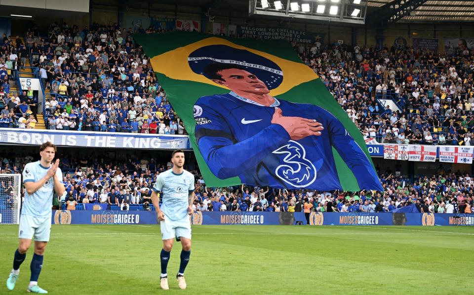 A general view inside the stadium as fans display a banner of Thiago Silva of Chelsea ahead of his last appearance prior to the Premier League match between Chelsea FC and AFC Bournemouth at Stamford Bridge on May 19, 2024 in London, England