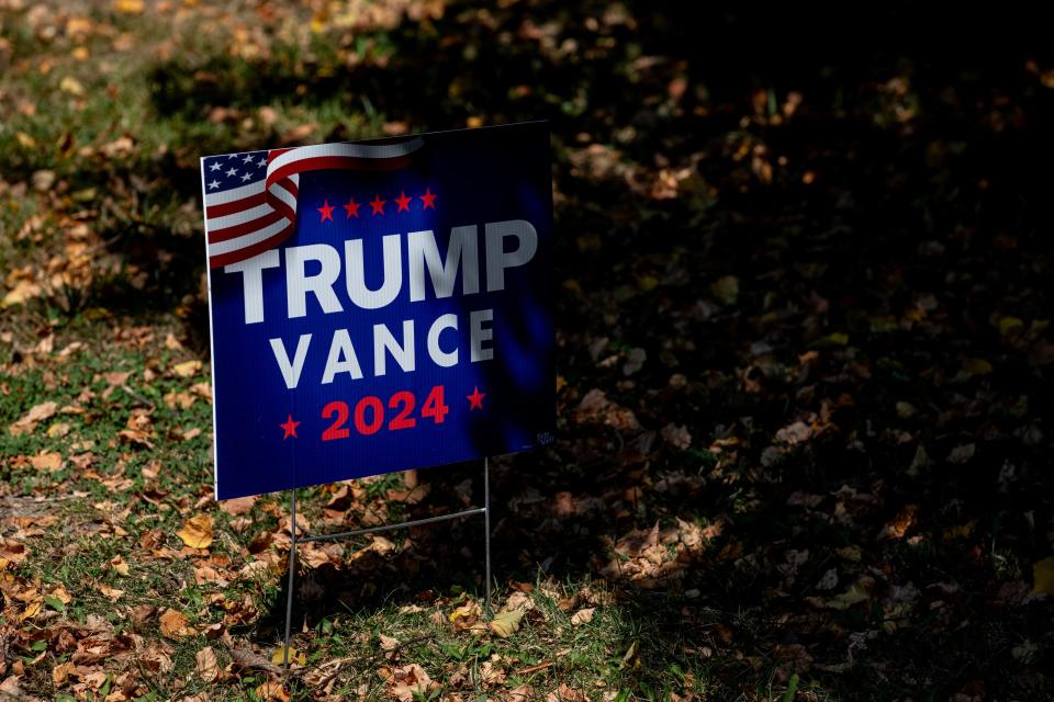 A lawn sign on display in support of former President and Republican presidential nominee Donald Trump in Beverly Hills, Michigan, on Sept. 5, 2024