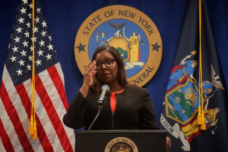 New York State Attorney General, Letitia James, speaks during a news conference, to announce a suit to dissolve the National Rifle Association, In New York