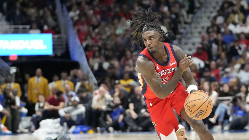 New Orleans Pelicans guard Kira Lewis Jr. drives to the basket during a game against the Golden State Warriors in New Orleans, Monday, Oct. 30, 2023.