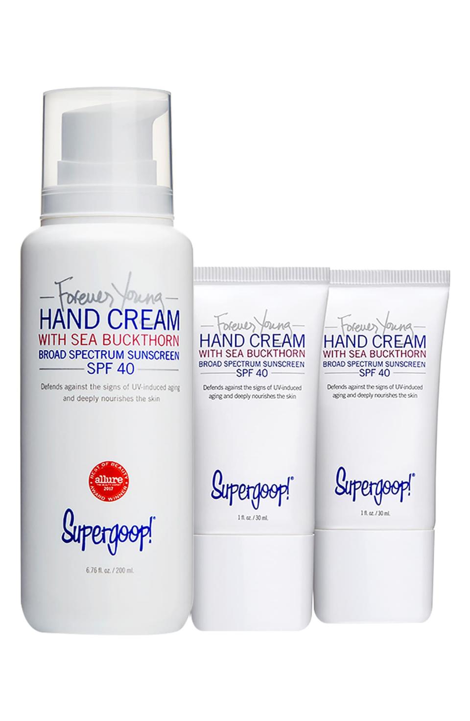 9) Supergoop! Forever Young Hand Cream with Sea Buckthorn SPF 40 Trio