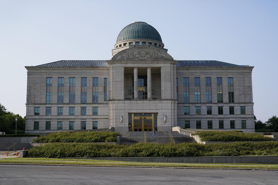 The Iowa Judicial Branch Building is shown, Friday, June 16, 2023, in Des Moines, Iowa. Abortion will remain legal in Iowa after the state's high court declined Friday to reinstate a law that would have largely banned the procedure, rebuffing Republican Gov. Kim Reynolds and, for now, keeping the conservative state from joining others with strict abortion limits. (AP Photo/Charlie Neibergall)