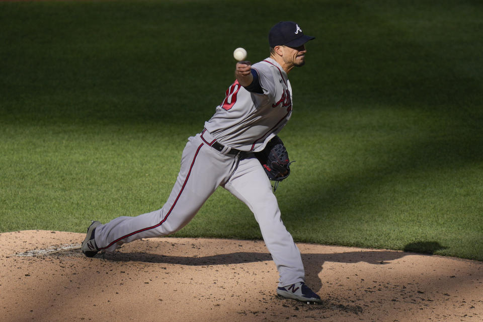 Atlanta Braves starting pitcher Charlie Morton throws during the second inning of the second baseball game of a doubleheader against the New York Mets at Citi Field, Monday, May 1, 2023, in New York. (AP Photo/Seth Wenig)