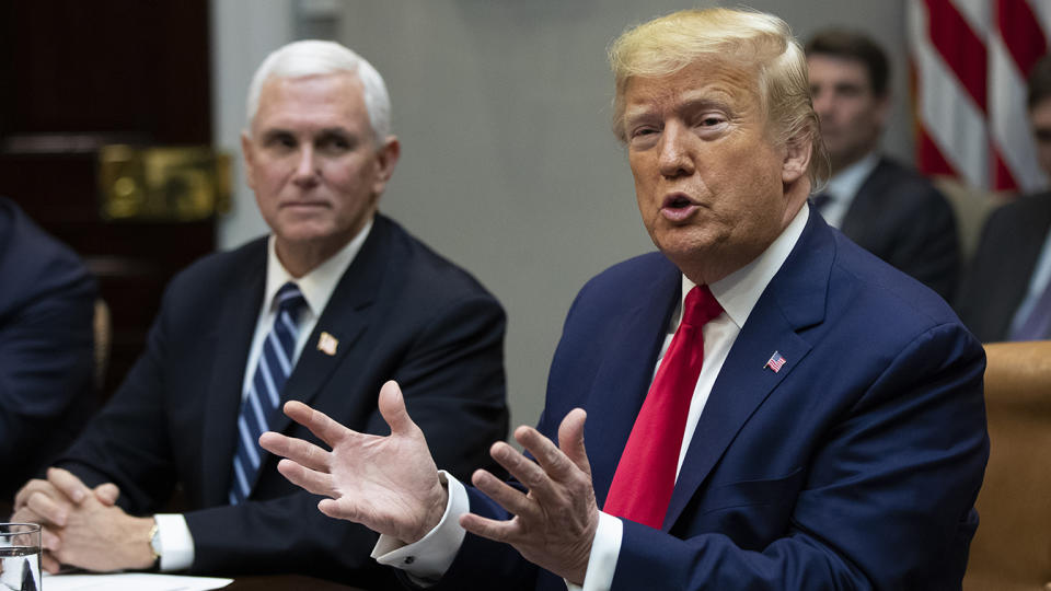 President Donald Trump with Vice President Mike Pence, speaks during a coronavirus briefing with Airline CEOs in the Roosevelt Room of the White House on March 4, 2020, in Washington. (Manuel Balce Ceneta/AP)