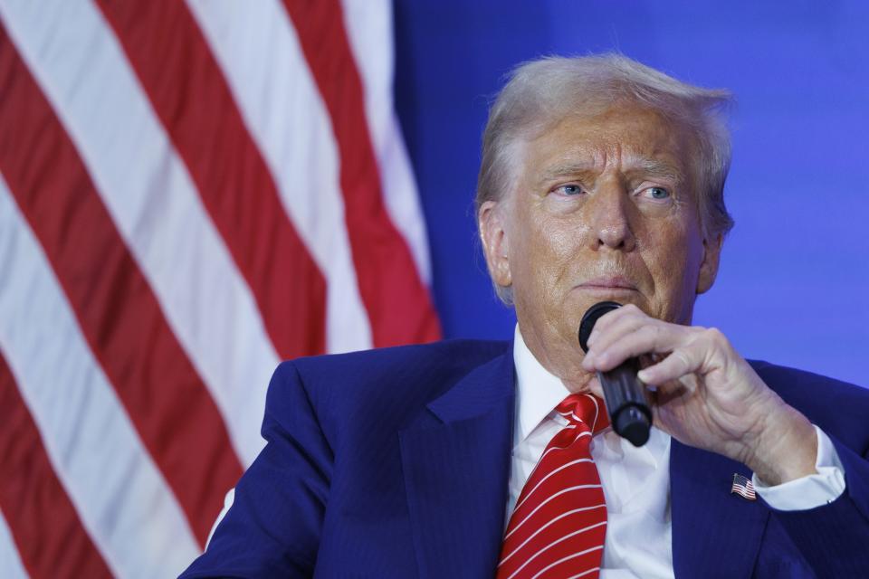 WASHINGTON,  AUGUST 30: 
Republican presidential nominee Donald Trump speaks during a Moms For Liberty political event inside the J.W. Marriott in Washington, on August 30, 2024. (Photo by Tom Brenner for The Washington Post via Getty Images)