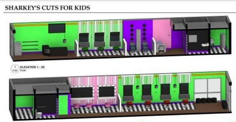 This artist's rendering shows the proposed layout for the Martinez location of Sharkey's Cuts for Kids, a children-only barbershop that allows customers to play video games while getting their hair trimmed.