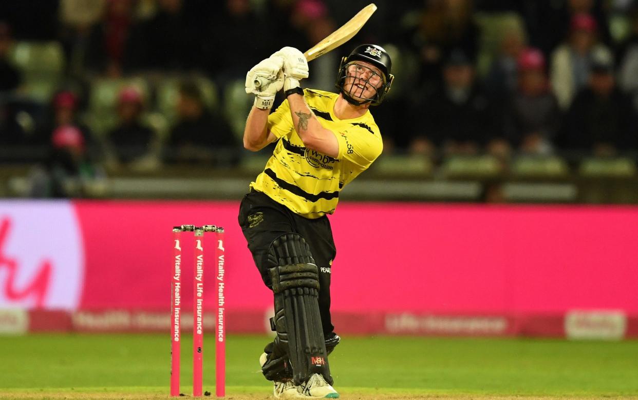 Miles Hammond of Gloucestershire hits a six during the T20 Vitality Blast final against Somerset at Edgbaston, September 14, 2024