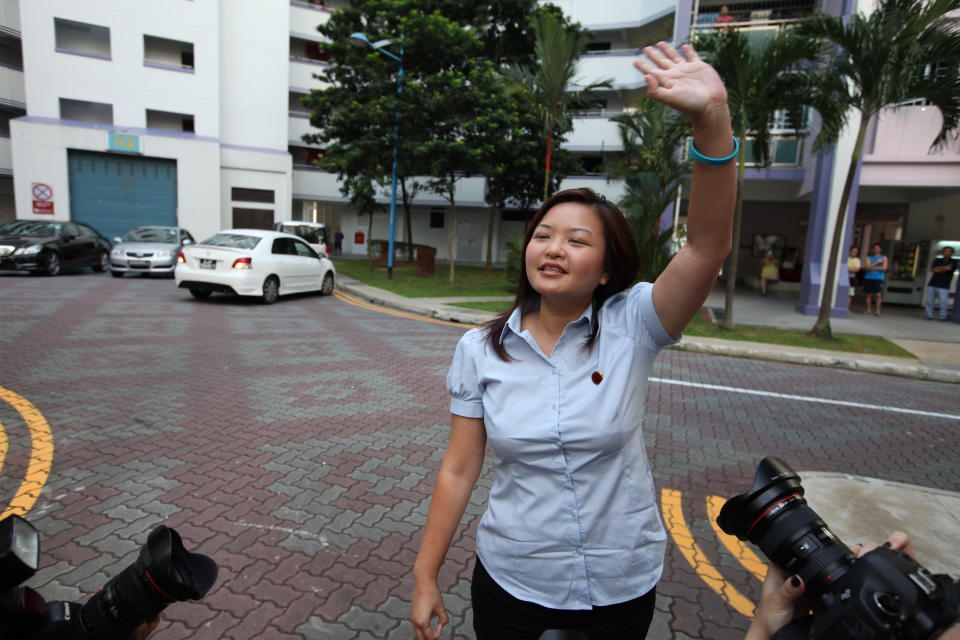 WP's Lee Li Lian greeting Punggol East residents at the thank you parade.