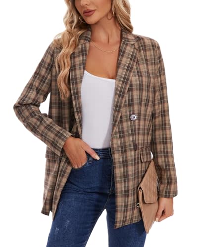 MINTLIMIT Women's Double Breasted Boyfriend Blazers Plaid Blazer Notched Lapel Long Sleeve Jackets Coat with Pockets (Brown, Size M)
