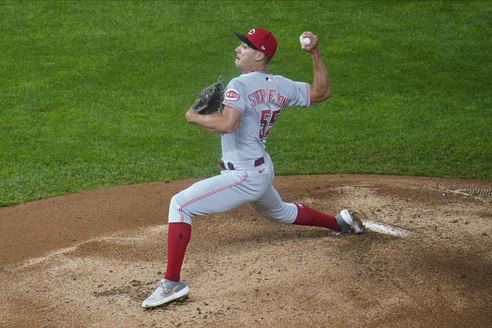 Cincinnati Reds pitcher Robert Stephenson throws to a Minnesota Twins batter during the eighth inning of a baseball game Saturday, Sept. 26, 2020, in Minneapolis. The Twins won 7-3. (AP Photo/Jim Mone)