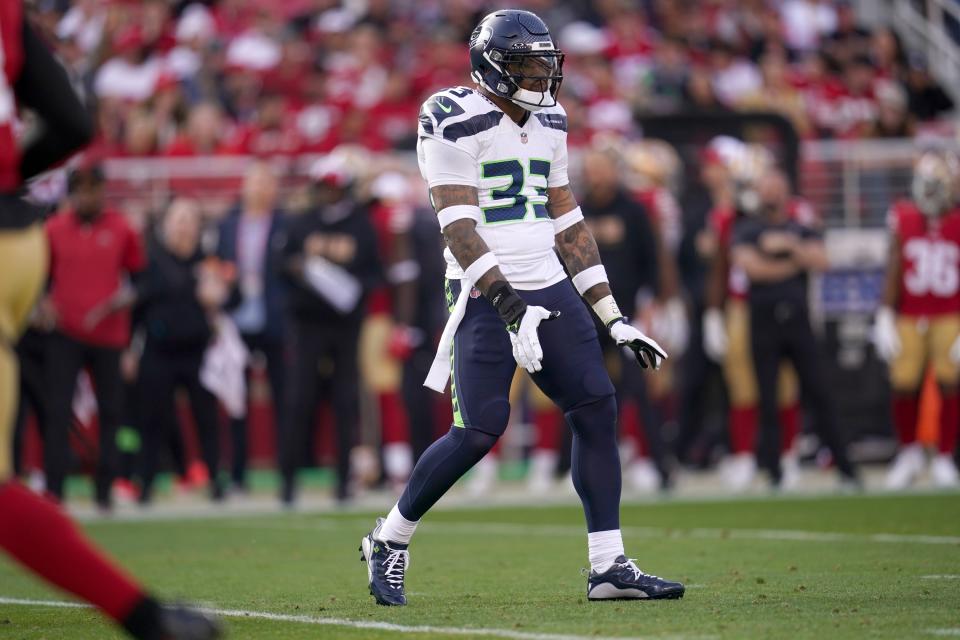 Dec 10, 2023; Santa Clara, California, USA; Seattle Seahawks safety Jamal Adams (33) reacts after breaking up a pass attempt against the San Francisco 49ers in the first quarter at Levi’s Stadium. Mandatory Credit: Cary Edmondson-USA TODAY Sports
