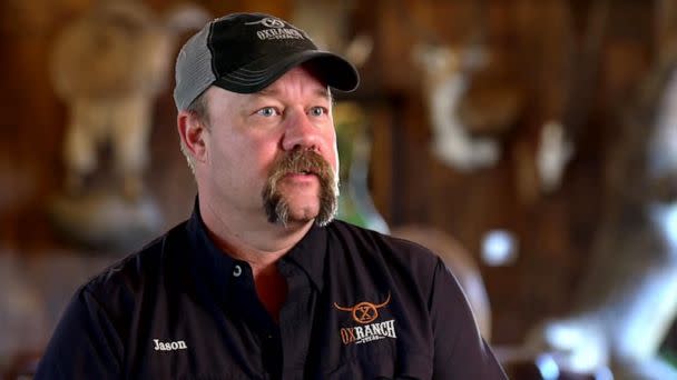 PHOTO: Jason Molitor, who owns an ox farm for hunting outside of Uvalde, talks ABC News about his opposition to proposals to ban assault rifles. (ABC News)