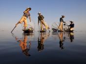 One-legged paddling on Inle Lake, Burma