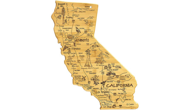 California shaped bamboo cutting board with engraved landmarks. 