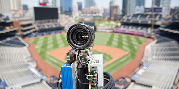 Close up picture of one of Intel's many 3D cameras positioned around a baseball diamond.