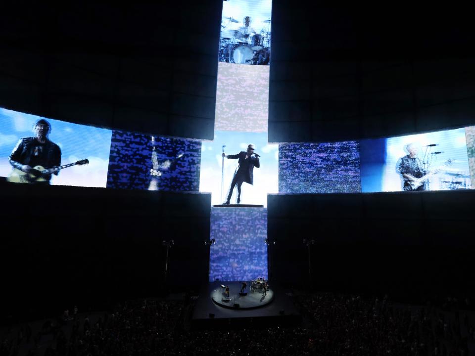 Bono, The Edge, Adam Clayton and Bram van den Berg of U2 perform during U2:UV Achtung Baby Live at Sphere on September 30, 2023 in Las Vegas, Nevada.