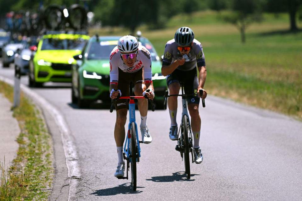 NOTTWIL SWITZERLAND  JUNE 12 LR Michael Schr of Switzerland and Ag2R Citron Team and Nickolas Zukowsky of Canada and Q365 Pro Cycling Team compete in the breakaway during the 86th Tour de Suisse 2023 Stage 2 a 1737km stage from Beromnster to Nottwil  UCIWT  on June 12 2023 in Nottwil Switzerland Photo by Dario BelingheriGetty Images