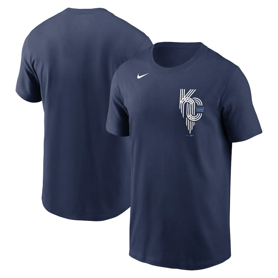 Nave t shirt with KC written on left side and Nike swoosh logo on the right 