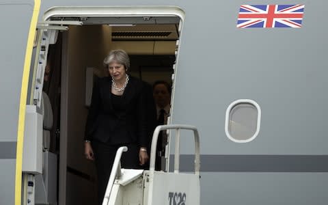 Prime Minister Theresa May arrives in Quebec for the G7 leaders summit  - Credit: AFP