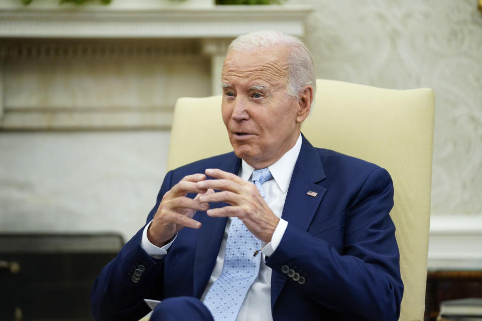 President Joe Biden speaks as he holds a meeting to receive a briefing on Ukraine in the Oval Office of the White House, Thursday, Oct. 5, 2023, in Washington. (AP Photo/Evan Vucci)