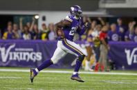 Oct 3, 2016; Minneapolis, MN, USA; Minnesota Vikings cornerback Xavier Rhodes (29) returns an interception against the New York Giants in the third quarter at U.S. Bank Stadium. Mandatory Credit: Bruce Kluckhohn-USA TODAY Sports