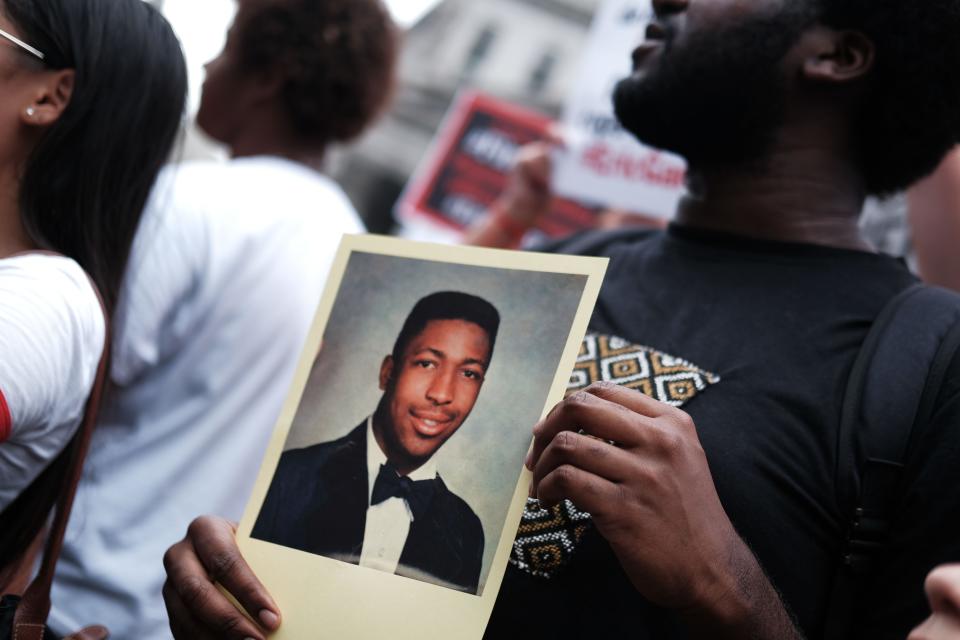 A protest marks the five-year anniversary of the death of Eric Garner on July 17, 2019, in New York. Police killed Garner after stopping him for selling loose cigarettes. His death sparked concerns that menthol cigarette bans will result in overly aggressive policing Black communities.