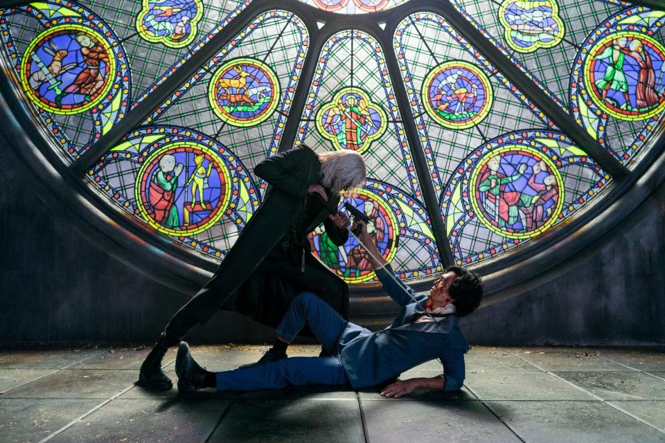 Alex Hassell, left, as Vicious and John Cho as Spike Spiegel in Netflix’s “Cowboy Bebop.” - Credit: Geoffrey Short/Netflix