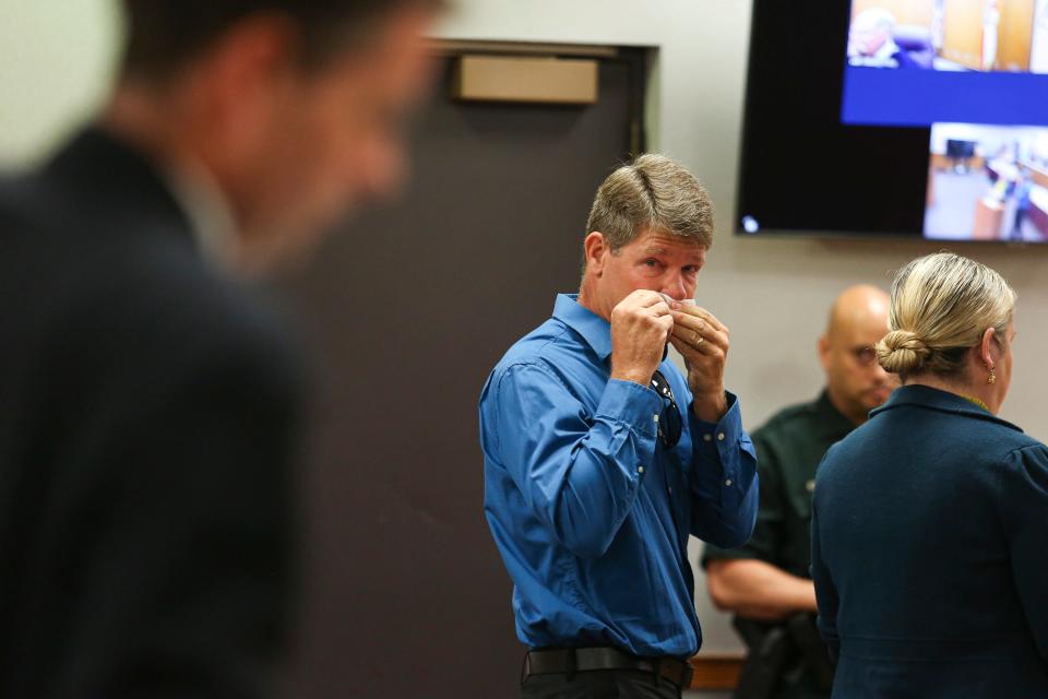 Bradley Dashner looks over at Assistant State Attorney Brandon White before speaking to Senior Circuit Judge Robert Makemson at the St. Lucie County Courthouse June 27, 2022, during the sentencing hearing of his son, Tanner Dashner.