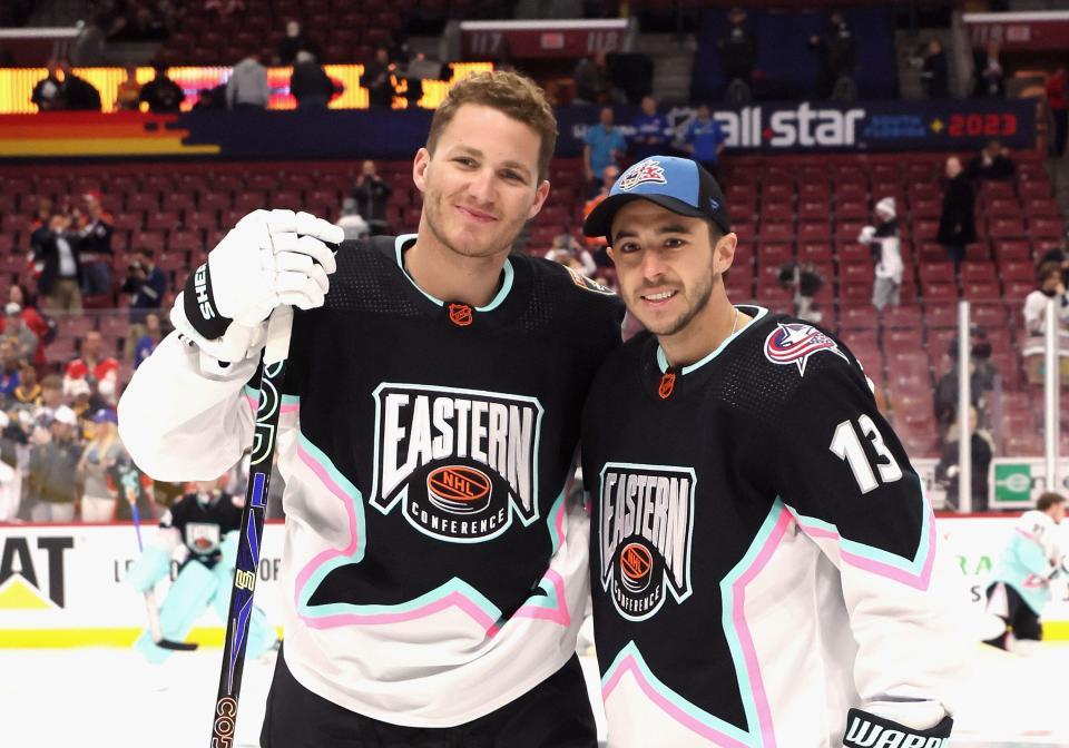 SUNRISE, FLORIDA - FEBRUARY 4: Former Calgary Flames players (L-R) Matthew Tkachuk and Johnny Gaudreau pose for photographers prior to the 2023 NHL All-Star Game at FLA Live Arena on February 4, 2023 in Sunrise, Florida. (Photo by Bruce Bennett/Getty Images)