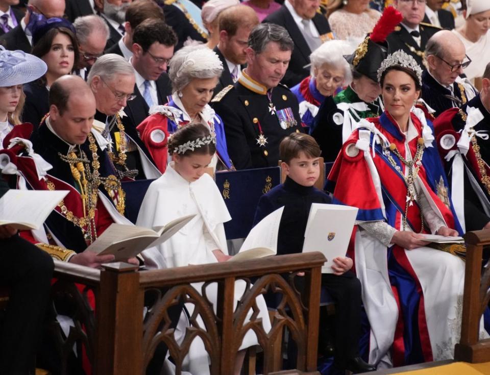 from l britains prince william, prince of wales, princess charlotte, prince louis and britains catherine, princess of wales attend the coronations of britains king charles iii and britains camilla, queen consort at westminster abbey in central london on may 6, 2023 the set piece coronation is the first in britain in 70 years, and only the second in history to be televised charles will be the 40th reigning monarch to be crowned at the central london church since king william i in 1066 outside the uk, he is also king of 14 other commonwealth countries, including australia, canada and new zealand camilla, his second wife, will be crowned queen alongside him, and be known as queen camilla after the ceremony photo by victoria jones pool afp photo by victoria jonespoolafp via getty images