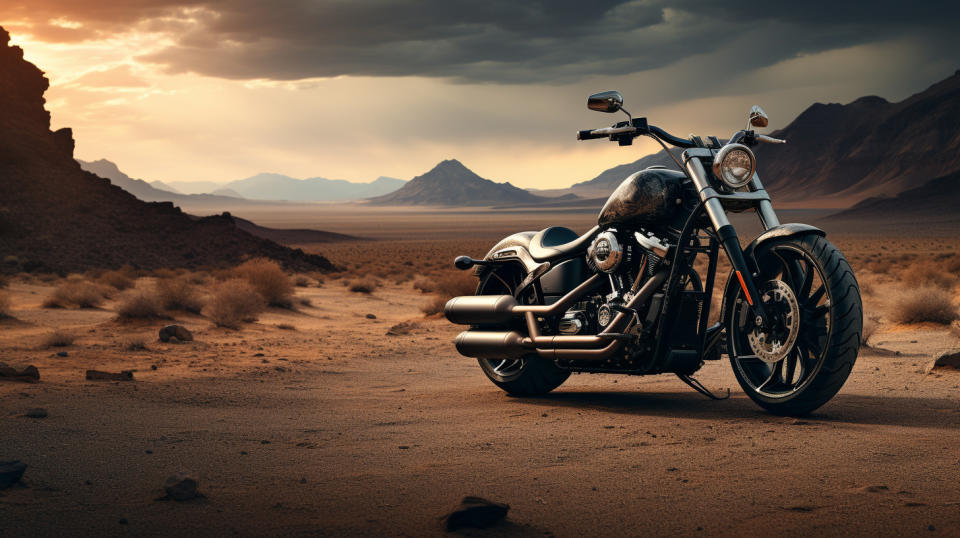A black and chrome motorcycle in a desert landscape, capturing the essence of freedom.