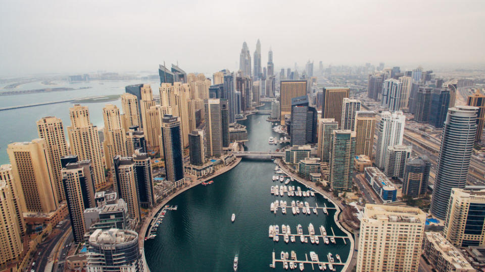 The Dubai Marina and Jumeirah Beach Residences (L) are seen from above on February 8, 2017 in Dubai, United Arab Emirates. Photo by Jumana Jolie for Getty Images