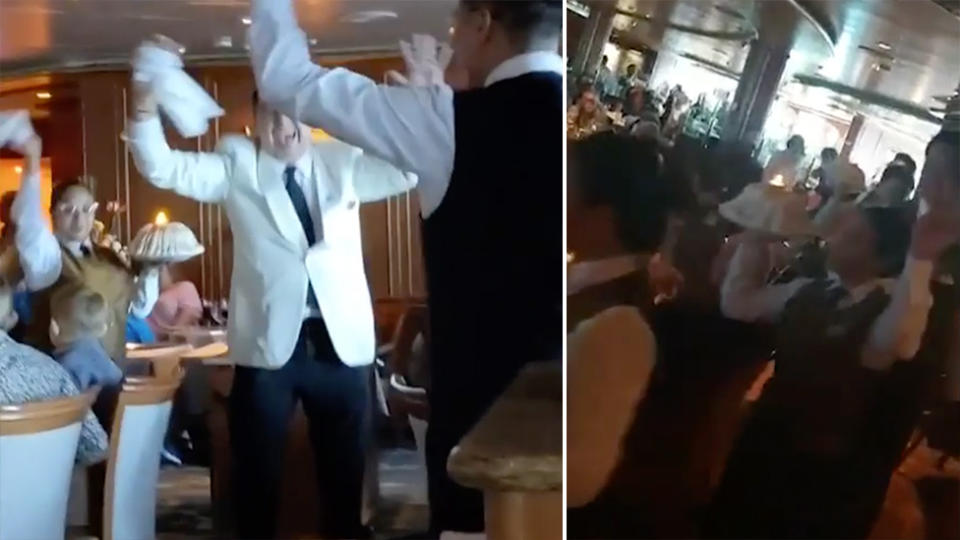 Footage obtained. by 7 News shows crew members celebrating and dancing with passengers on the Ruby Princess, a day before the infamous docking in Sydney. Source: 7 News